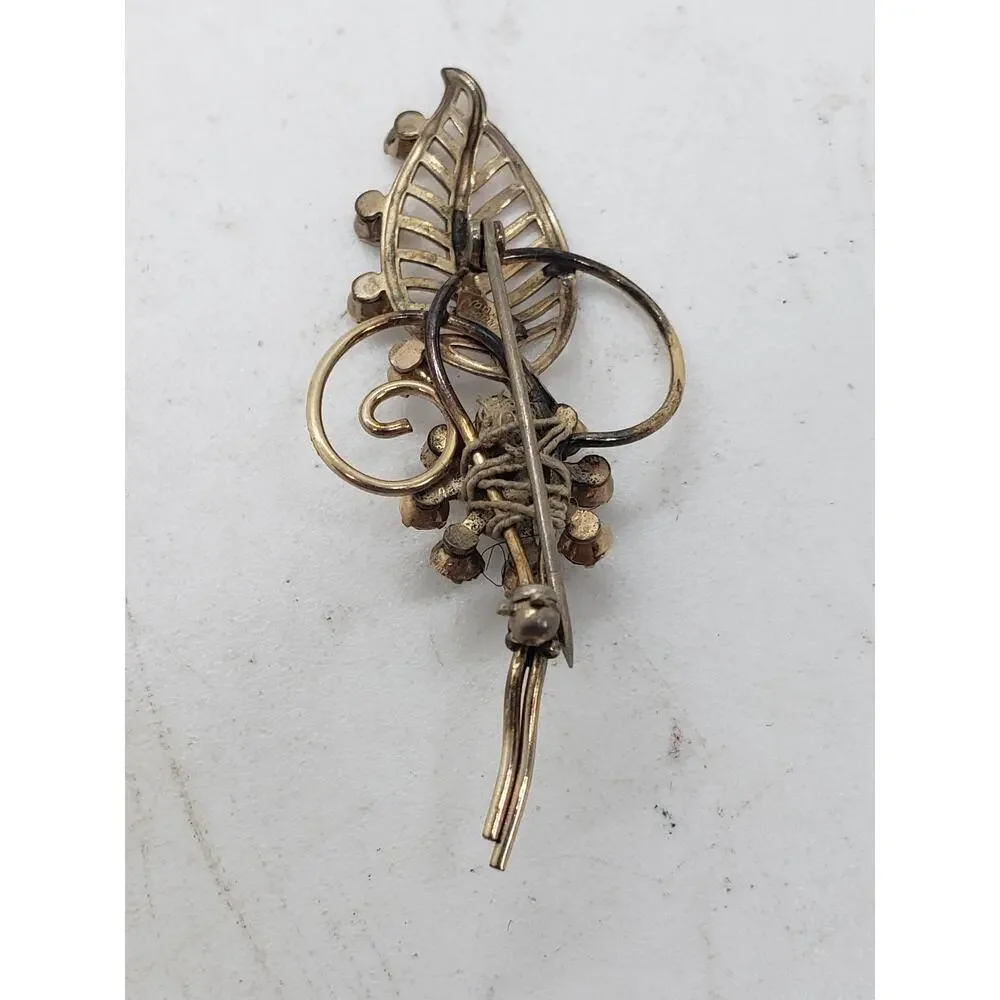 Vintage Van Dell 1/20 12K GF Gold Filled Rhinestone Pearl Leaf Floral Brooch Pin